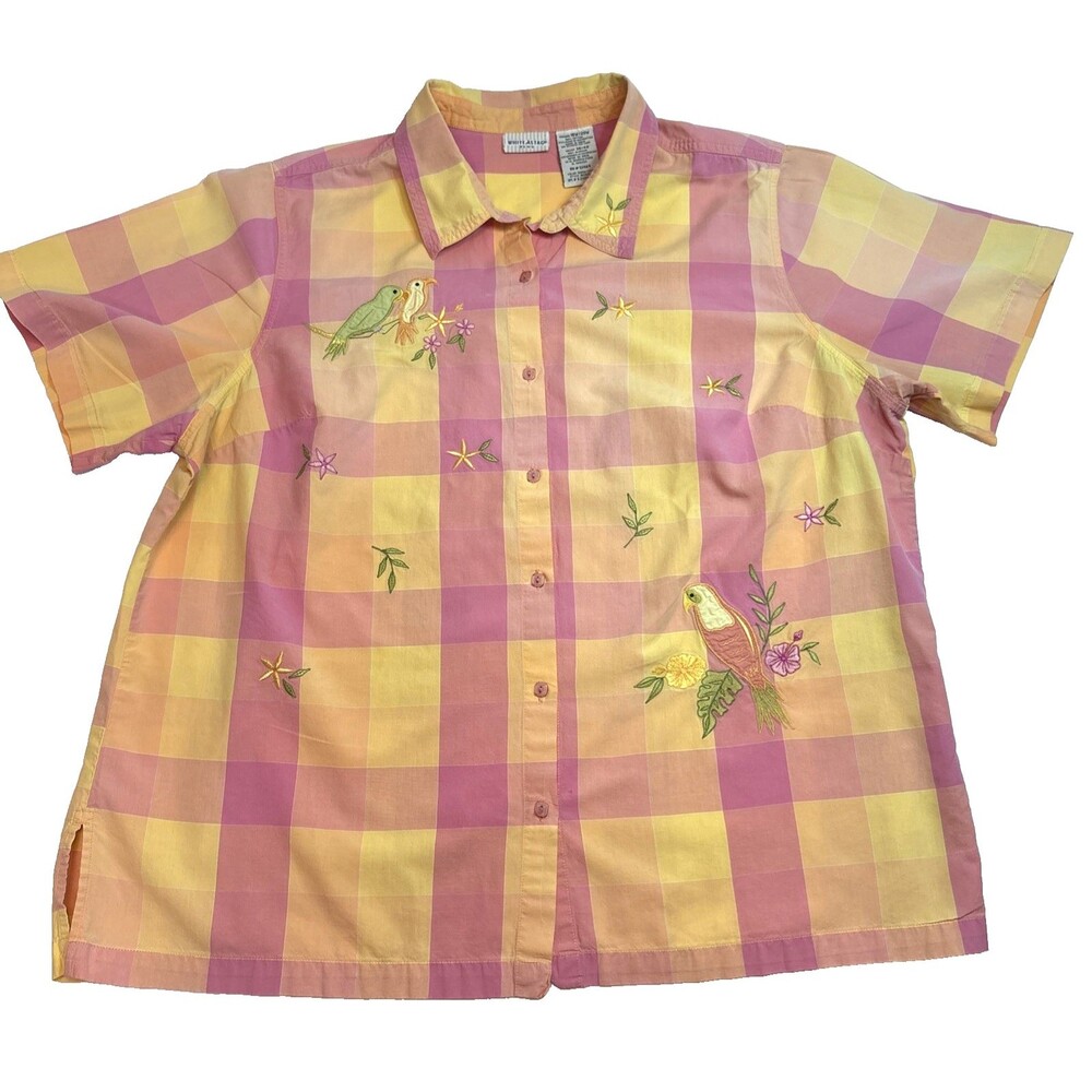 White Stag Plus Tropical Parrot Embroidered Button Down Shirt Plaid 18W/20W